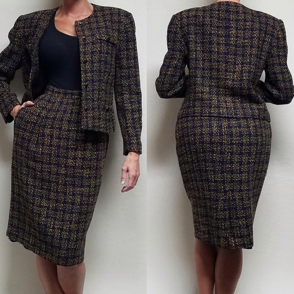 80s Vintage Russ Navy Blue Yellow Tweed Cropped Jacket Pencil Skirt Suit Set 8
